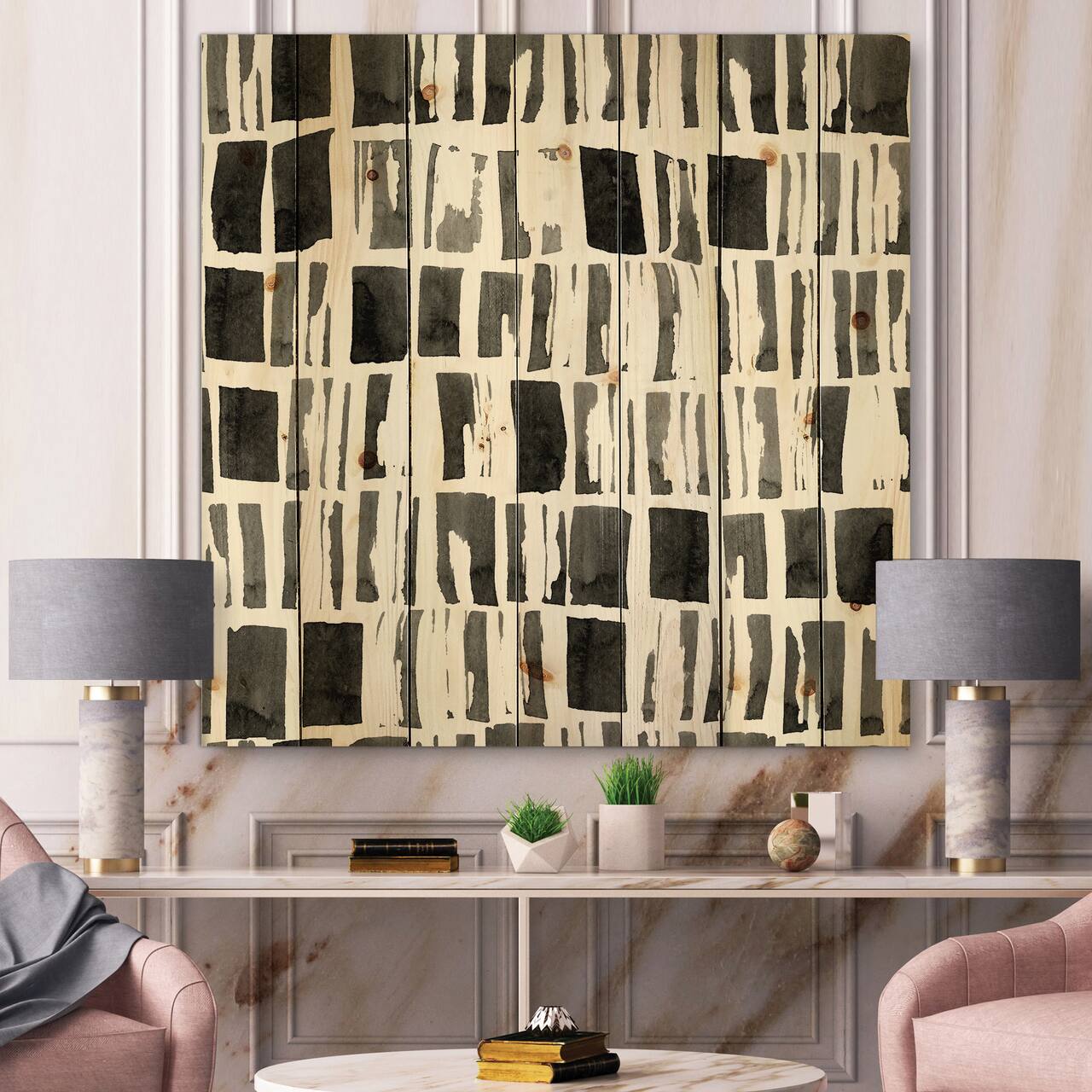 Designart - Abstract Monochrome Bricks - Modern Print on Natural Pine Wood